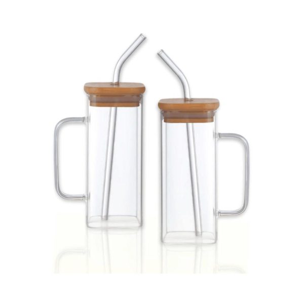 Set De 2 tasses Avec Couvercle En Bambou et paille en verre