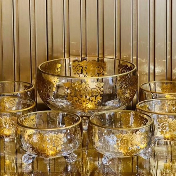 Ensemble Set a Gâteau ou Saladier 7 pièces en Cristal avec détail dore Détail doré
