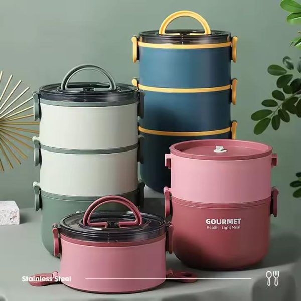 Lunch box 3 etg ronde intérieur inox et extérieur plastique alimentaire couleur rose