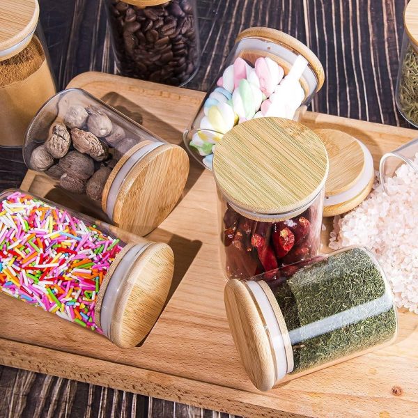 Set de 4 bocaux à épices avec une cuillère en bois moderne en verre avec couvercles en bambou hermétiques 350ml