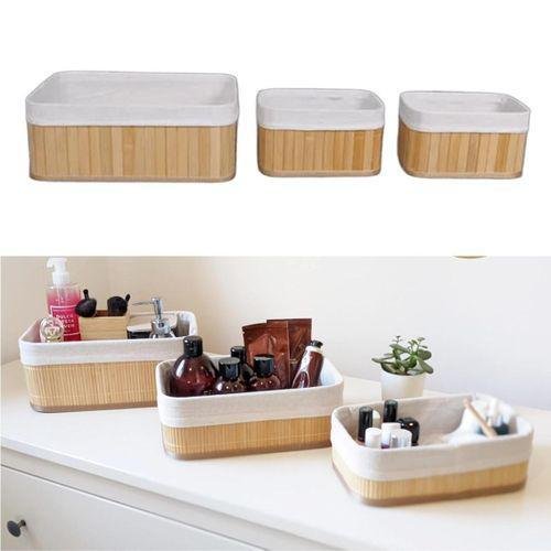 Lot de 3 paniers de Rangement en Bambou avec poignées, Bambou Naturel, Doublure en Tissu, PANIERS RECTANGULAIRES[Grand 33 x 23 x 14,5cm , Moyen 20x 15x 12cm] paniers oval[ 39,5/21/12,5 MM 27cm/18cm/11,5cm PM 24,5/14,5/11]