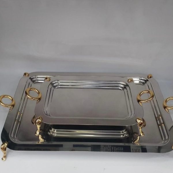 PLATEAU EN INOX SEDEN EN INOX ANSES  DORE  PM A PIED  18 CARATS COULEUR ARGENTE 30,5/22CM