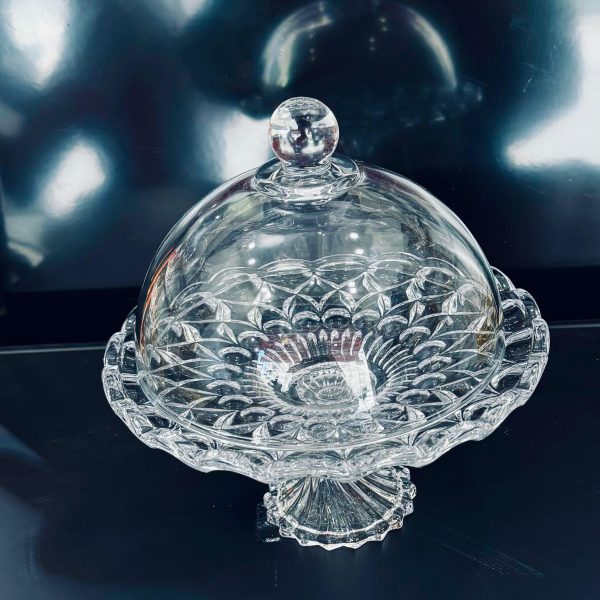 Cloche en Cristal Présentoir à  Gàteau, Support à  Gàteau, Plat à  Gàteaux sur Pied, Stand à  Gàteaux avec Cloche en Verre Shabby Chic et Romantique - Motif en Relief Décoratif - 18cm - Transparent