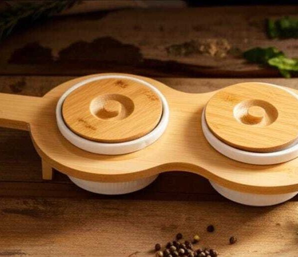 Présentoir avec 2 boîtes en porcelaine et bambou alimentaire pour petit déjeuner et apéritif
