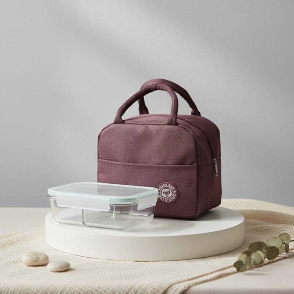 Set lunch box Déjeuner Complet – Sac Isotherme en Tissu Oxford Bordeaux 23/20cm+ Boîte Alimentaire en Verre à Compartiments