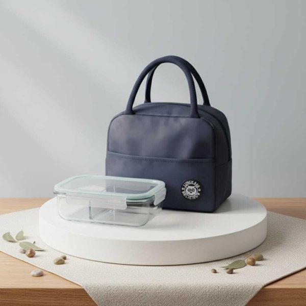 Set lunch box Déjeuner Complet – Sac Isotherme en Tissu Oxford bleu 23cm/ 20 + Boîte Alimentaire en Verre à Compartiments