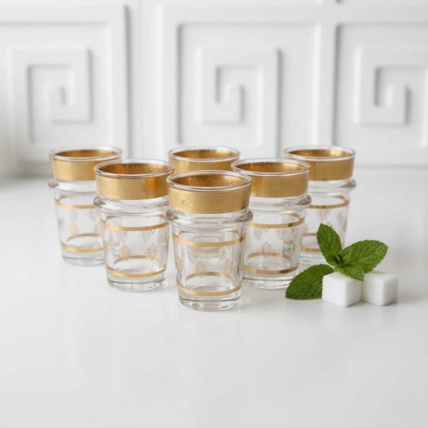Set de 6 verres à thé marocains en verre transparent avec bord doré – Élégants et résistants motifs dore  khelkhal