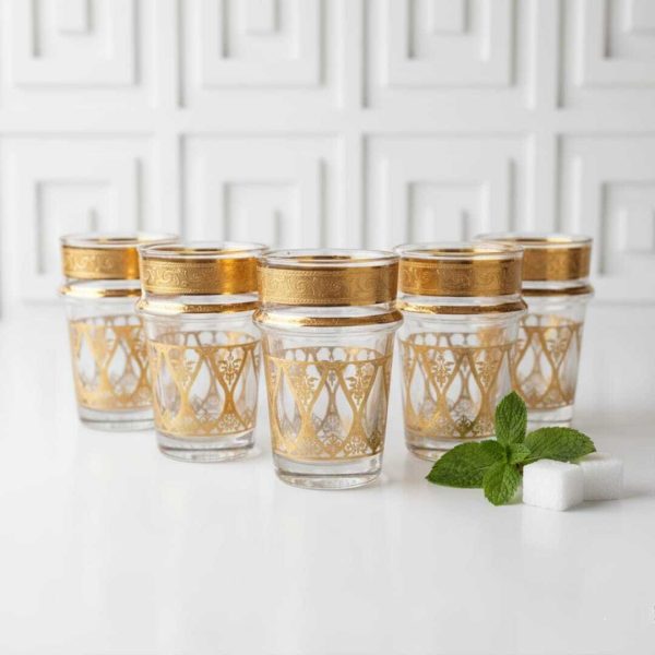Set de 6 verres à thé cristallin marocains en verre transparent avec bord doré – Élégants et résistants-motifs geometriques
