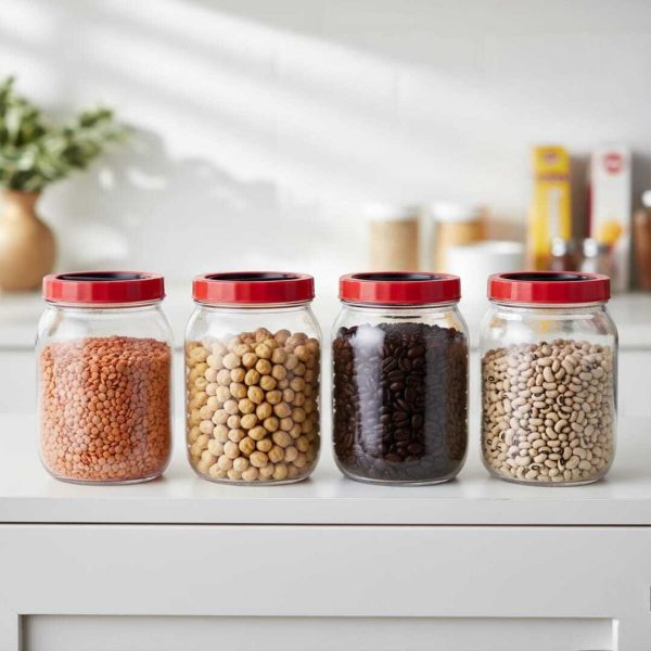 SET 4 Bocaux de Conservation en Verre 1.5L avec Couvercle Rouge – Stockage Alimentaire