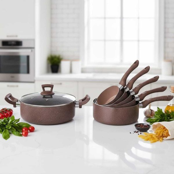 Pack Batterie de Cuisine – 5 Casseroles [12/14/16/18/29CM] + 1 Marmite avec Couvercle 26CM – Revêtement Granité Noir Antiadhésif-Qualite premum