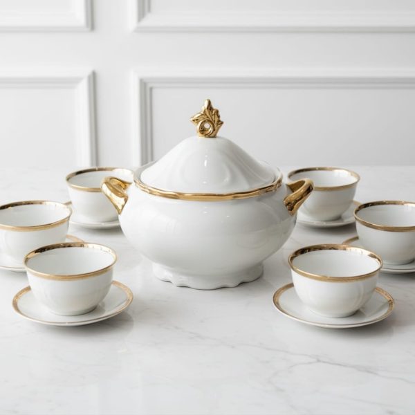 ENSEMBLE 15 PIECES SOUPIÈRE ROYALE  AVEC COUVERCLE ET LOUCHE ET 6 BOLS ET 6 ASSIETTES EN PORCELAINE BLANCHE DÉTAILS DORES
