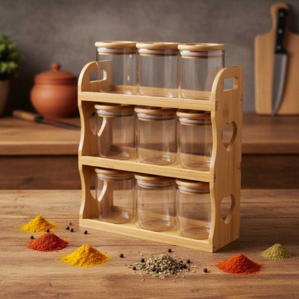 Rangement 9 pièces -organisateur à boîtes à épices - Bambou - 9 boîtes hermétiques - Capacité 400 ml - Écologiques - Design contemporain 27/37 cm