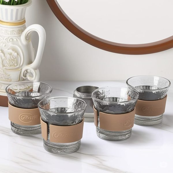 SET 6 TASSES EN VERRE AVEC DETAIL MARRON AMOVIBLE  couleur grise Tasse en verre isotherme - Tasse à  thé - Tasse à  café - T - Tasse à  lait  CAPACITE 185ML