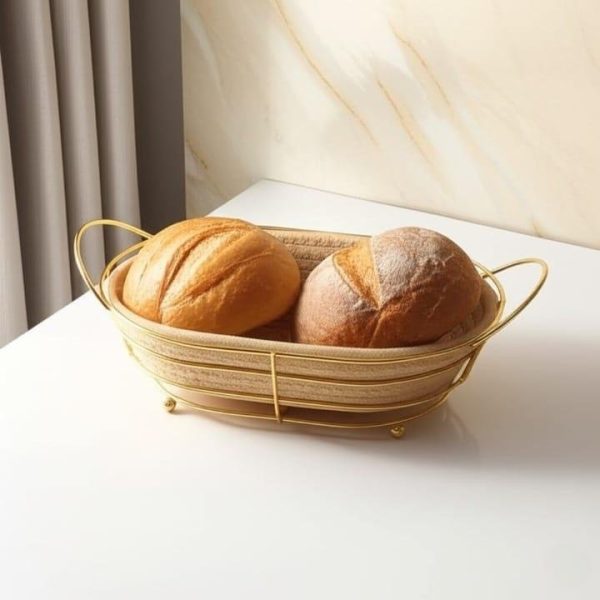 Panier à pain doré avec doublure en tissu – Panier en métal ovale pour pain, muffins, gâteaux, snacks – Élégant pour table, maison ou restaurant couleur beuge er detail dore inoxidable 30cm/10cm