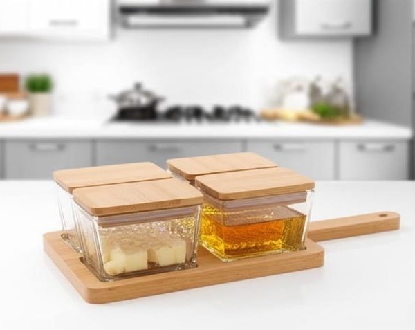 Boîte de 4 bocaux en verre avec couvercles trasparents  en bois et plateau planche  – Pour miel, huile, épices ou condiments