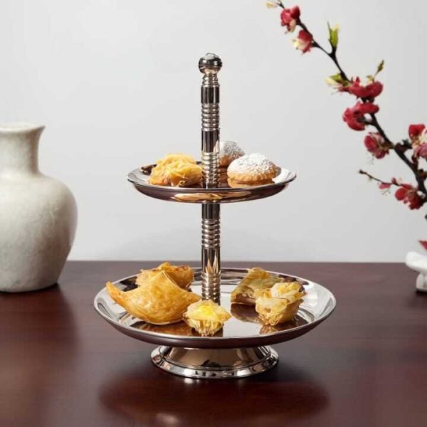 Présentoir feda à Gâteaux en bronze de Fes inoxidable à 2 Niveaux – Plateau de Service Chic pour Fêtes et Réceptions- 30/20/16 cm-argente