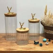 Lot de 3 bocaux de rangement hermétiques en verre avec couvercles à pince en bambou - Marron détail cerf doré inoxydable Capacité de 19, 25 ou 27 oz liq.Couvercles hermétiques GM 20cm/MM 15cm/PM 12cm