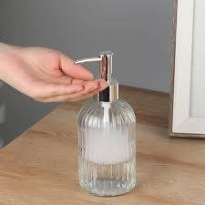 Distributeur de savon-porte savon -Distributeur de savon en verre transparent avec rayures verticales - 400 ml - Acier inoxydable - transparent