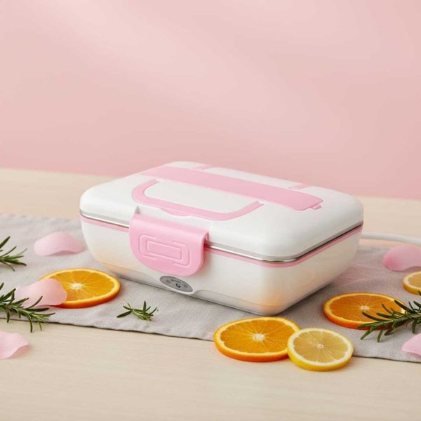 Lunch Box Chauffante Électrique - Inox Amovible - 3 Compartiments - 1,5L - Rose et Blanc