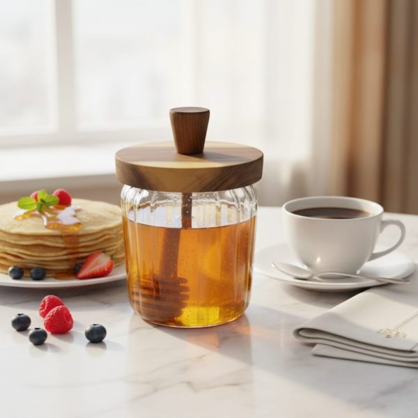 Pot à miel en verre avec couvercle en bois et cuillère pratique intégrée – Design élégant et pratique 
11/9cm