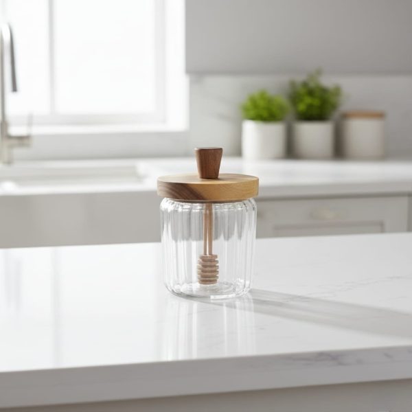 Pot à miel en verre avec couvercle en bois et cuillère intégrée pratique  – Design élégant et pratique GM 13 /9 cm