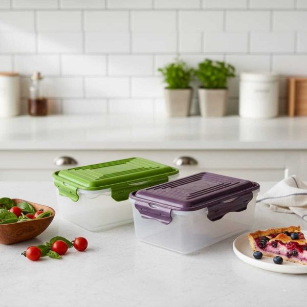 Set de 2 boîtes en plastique alimentaire hermétiques fermeture 4 côtés -couleurs aléatoires