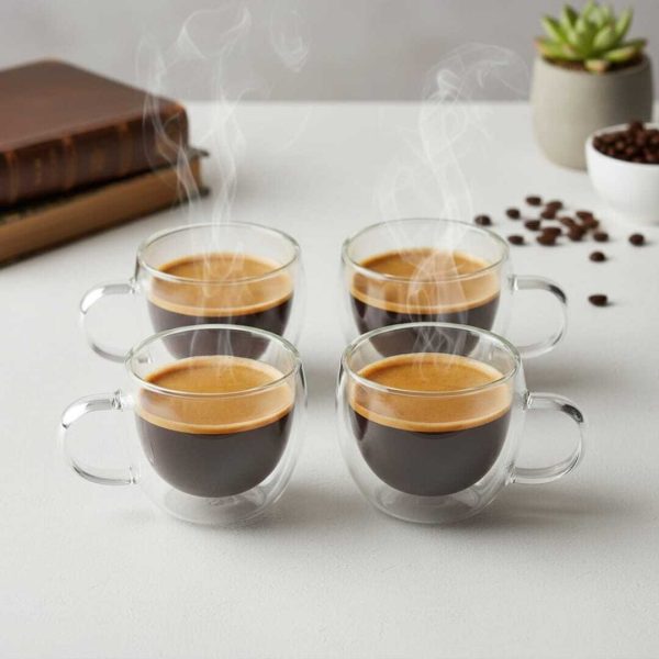 Double paroi lot de 4 Tasse Double Paroi - Verre - 50ml - Résistante à la chaleur - Design unique - Transparent