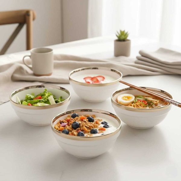 Lot 4 Bols en Porcelaine - AYA HOME - 12 cm - Détails dorés  - Compatible lave-vaisselle