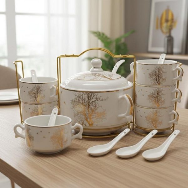 Service à Soupe Complet 15 Pièces - Soupière avec Couvercle, Bols Individuels et Cuillères - Motifs Dorés et Supports de Rangement en Métal Doré - Set de Table Élégant