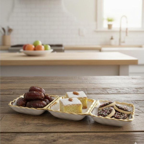 Presentoir en porcelaine à 3 Compartiments avec Bordure Dorée  - Coupelle Apéritif Élégante pour Amuse-bouches, Condiments et Mignardises -28cm/9cm