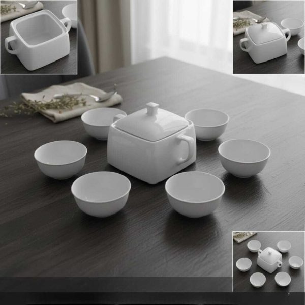 Service à Soupe en Porcelaine Blanche – Collection Modern Chic (7 Pièces)-AYA HOME-Soupiere -6 bols
