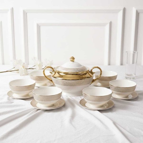 Service à Soupe 15 pièces Prestige – Porcelaine Fine & finition doré -AYA HOME-Compatible lave vaisselle-Soupiere-6 bols et louche
