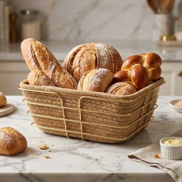 Corbeille à Pain Artisanale lavable - Alliance Corde & Métal Doré inoxidable