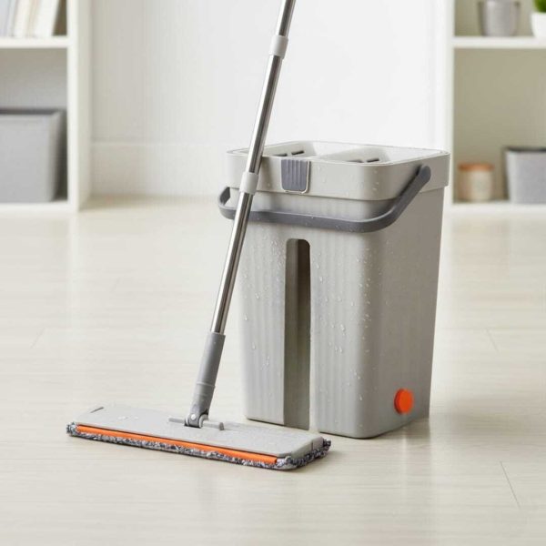 Serpillère et seau avec essoreuse, balai plat et seau, sépare l'eau sale et propre, avec 3tampons en microfibre réutilisables, utilisation humide et sèche, système de nettoyage du sol