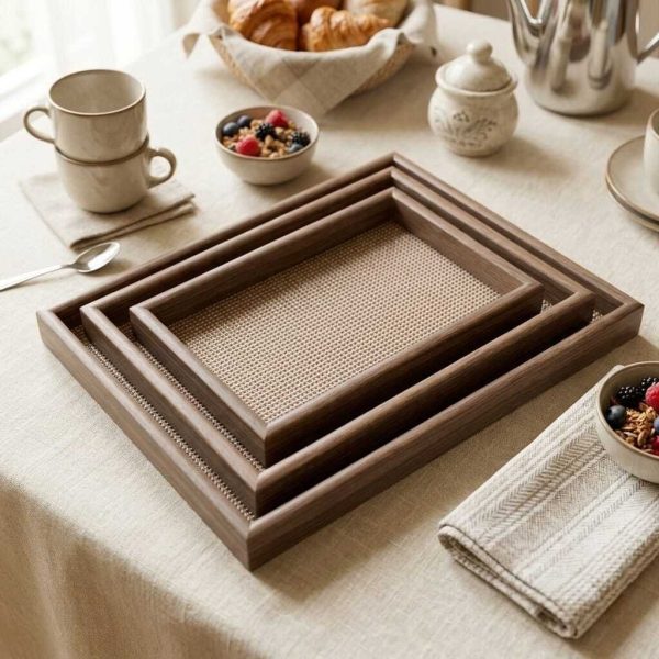 Lot de 3 Plateaux de Service en Bois - Finition Chêne Sombre - Design Rectangulaire Élégant - Plateaux Gigognes pour Café, Thé et Décoration Cuisine 30/20:36/25:40/30