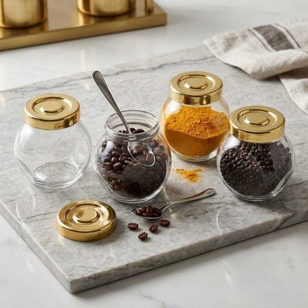 Lot de 4 Bocaux de Conservation en Verre Premium - 250ml avec Couvercles Dorés Hermétiques - Design Élégant pour Épices et Condiments