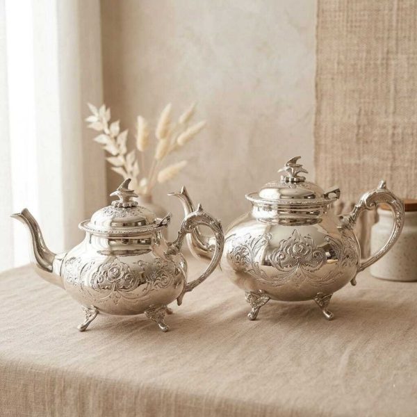 Pack Théières de Prestige en Bronze Rhodié Argent 1,5 et 1L -fait main-collection Aya Home-bronze nickelé résistant-entretien facile