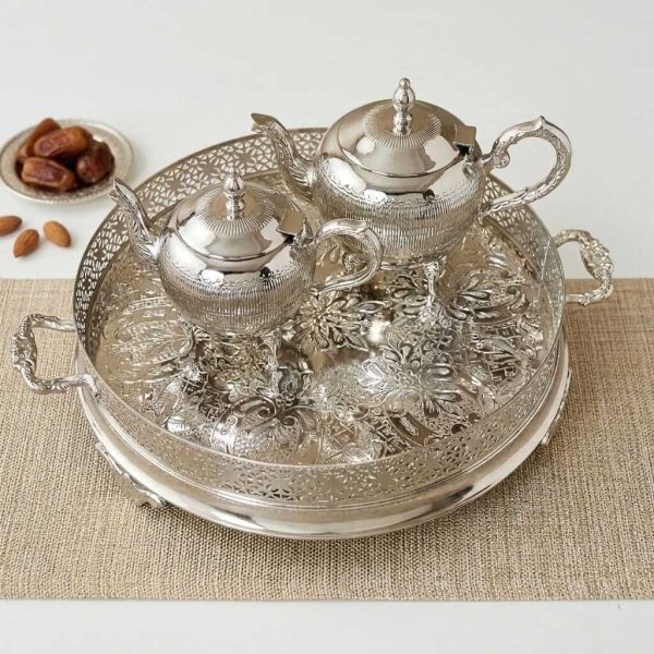 Pack Service à Thé -Tradition & Prestige– 2 Théières (1.5L & 1L) -Plateau Senia 45cm-Bronze Rodié argent + 6 Verres offert