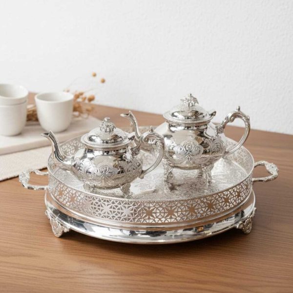 Pack Service à Thé -Tradition & Prestige– 2 Théières (1.5L & 1L) -Plateau Senia 50cm-Bronze Rodié argent + 12Verres offert